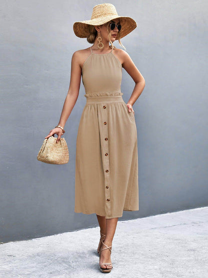 Buttoned Halter Neck Frill Trim Midi Dress for Chic Style - Selvanelle