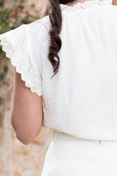 Ruffled Tie Neck Cap Sleeve Blouse for Stylish Women - Selvanelle