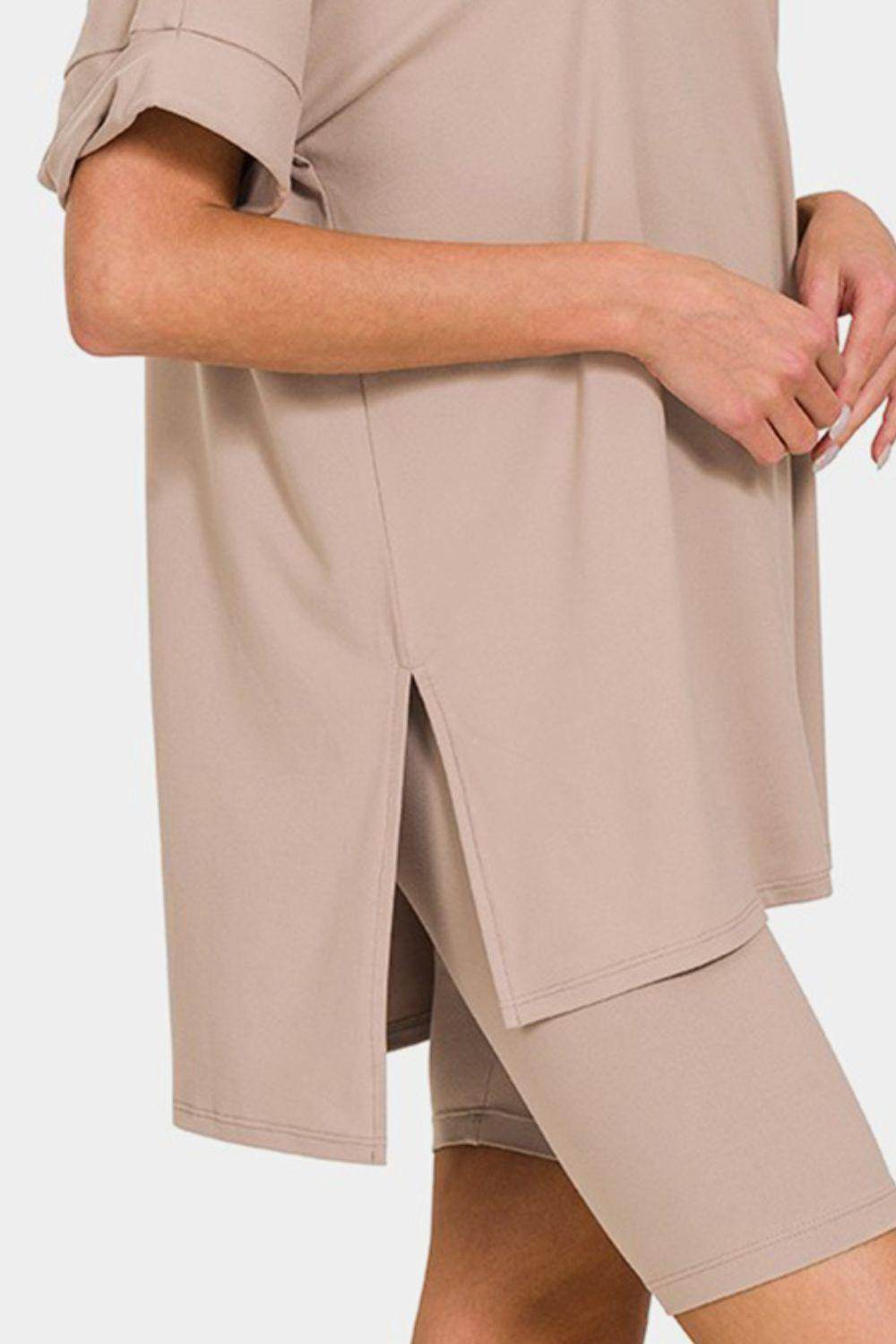 Zenana Full Size V-Neck Short Sleeve Slit T-Shirt Set - Selvanelle