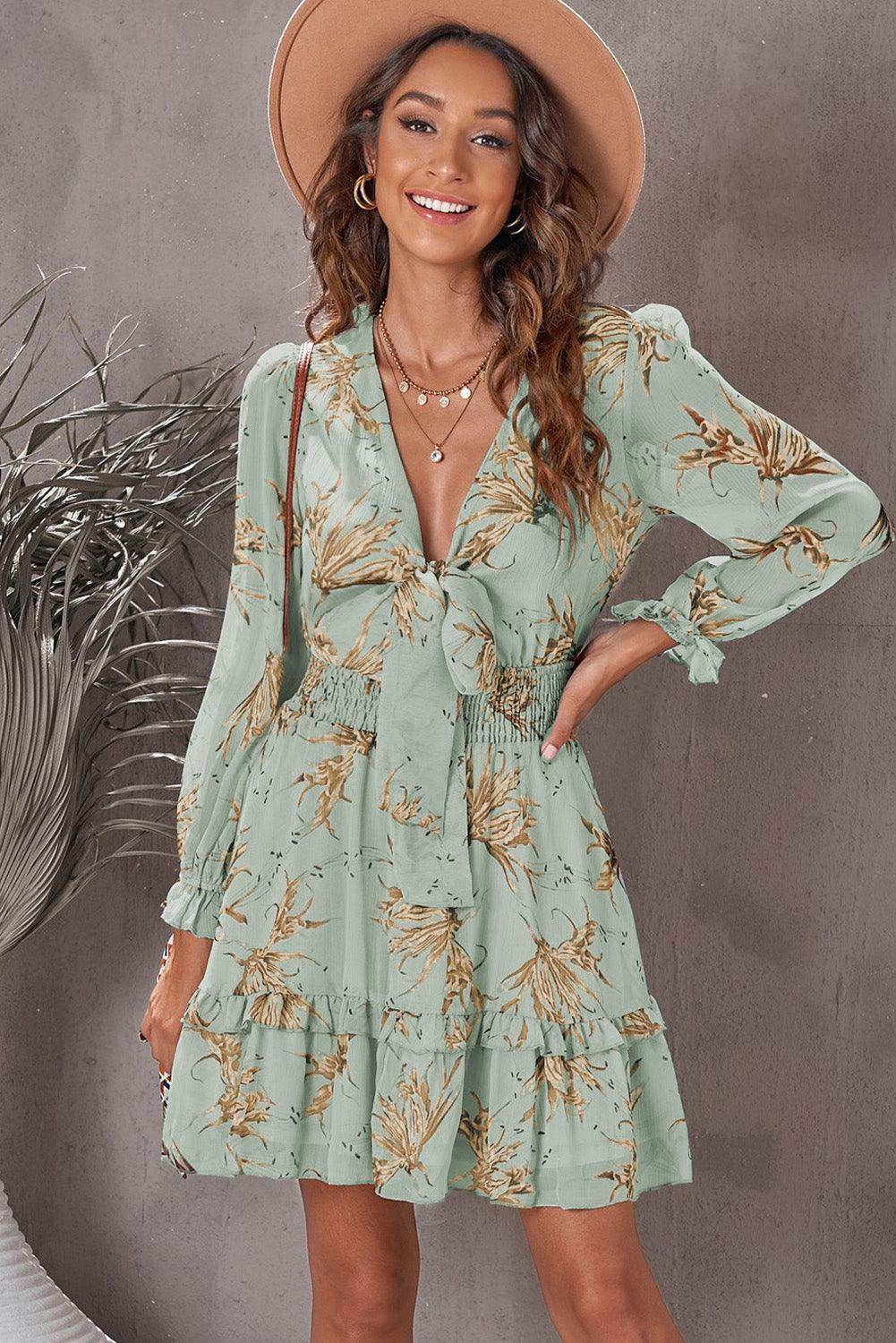 Floral Deep V Flounce Sleeve Mini Dress for Casual Chic - Selvanelle