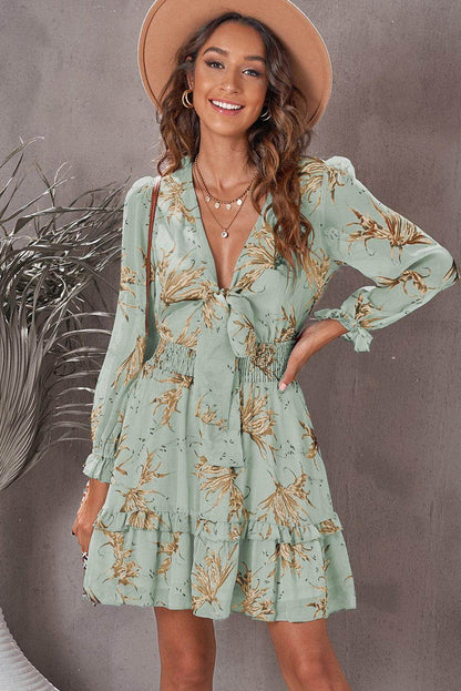 Floral Deep V Flounce Sleeve Mini Dress for Casual Chic - Selvanelle