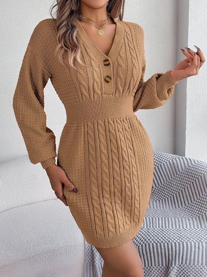 Buttoned Cable-Knit V-Neck Sweater Dress for Women - Selvanelle