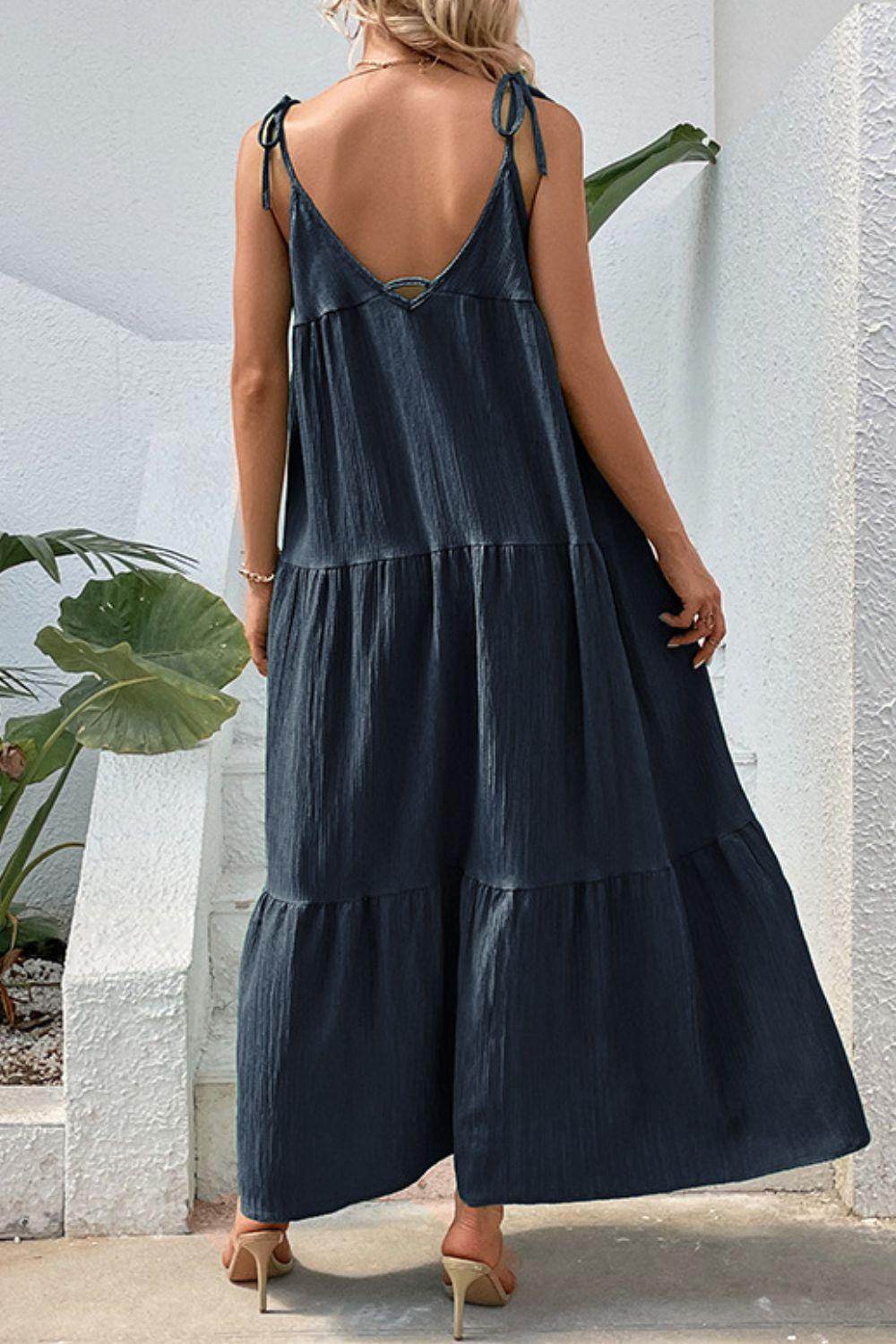Perfee Tie-Shoulder Tiered Maxi Dress for Vacation Wear - Selvanelle