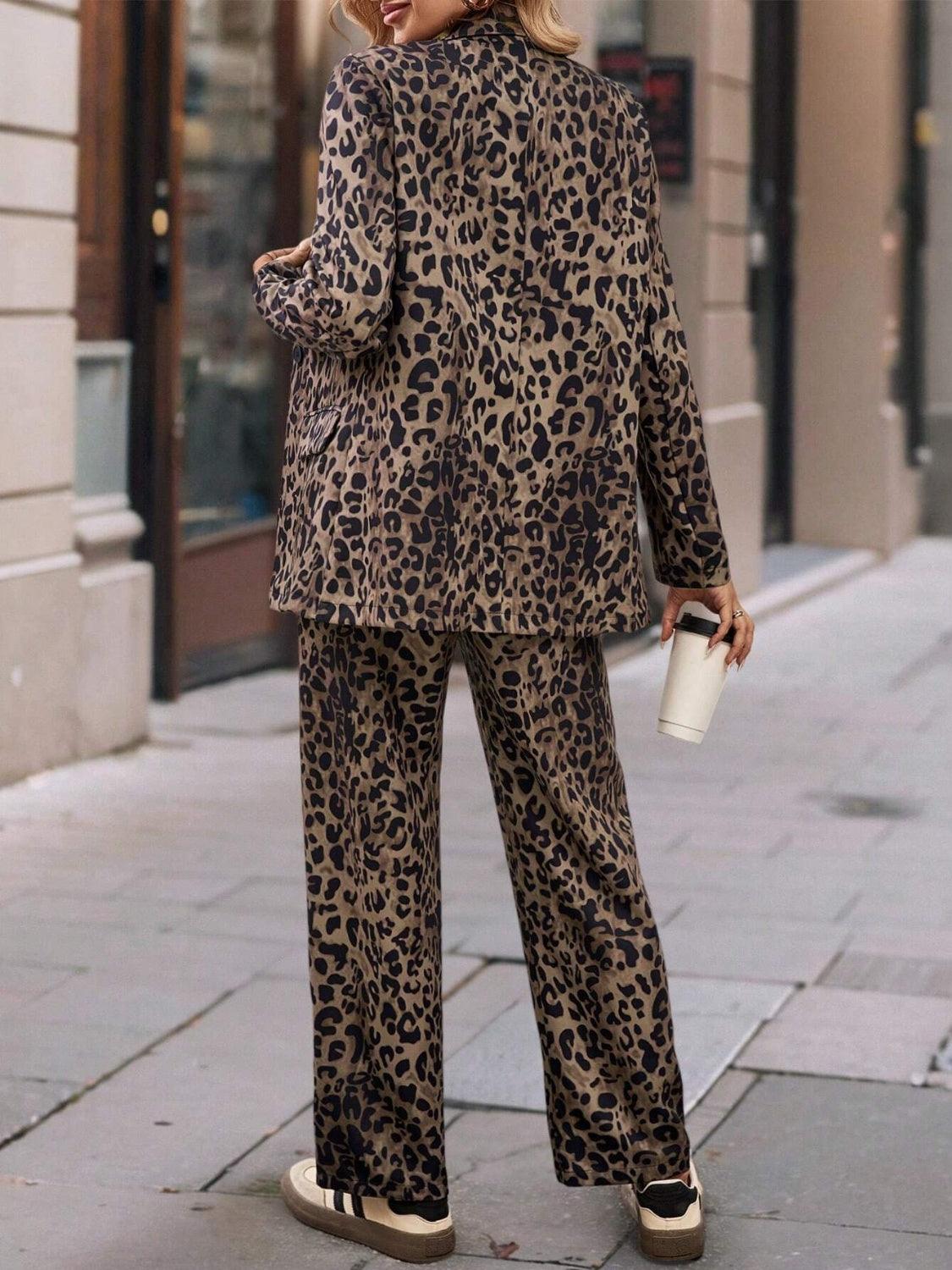 Full Size Leopard Lapel Collar Blazer and Pants Set