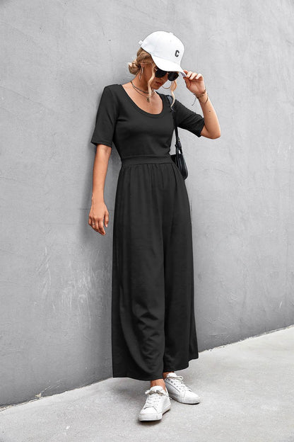 Scoop Neck Half Sleeve Wide Leg Jumpsuit - Selvanelle