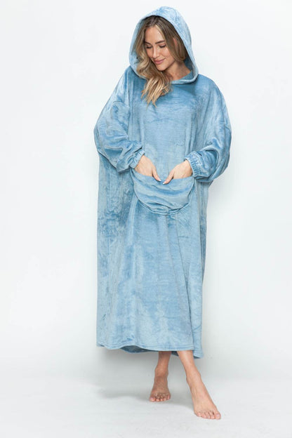 Double Take Full Size Pocketed Hooded Midi Lounge Dress - Selvanelle