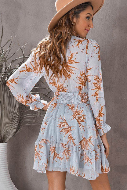 Floral Deep V Flounce Sleeve Mini Dress for Casual Chic - Selvanelle