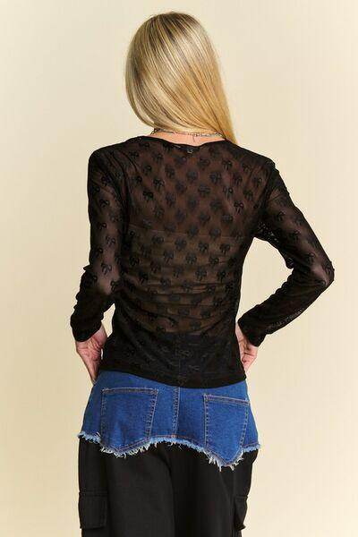 Davi & Dani Bow Mesh Round Neck Long Sleeve Top for Women - Selvanelle