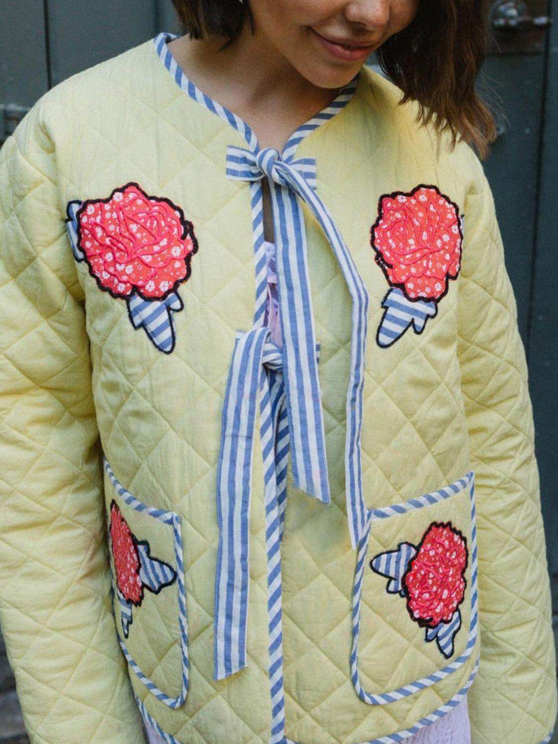 Embroidered Flower Tied Long Sleeve Winter Coat for Women - Selvanelle