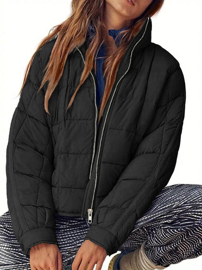 Pocketed Plaid Quilted Zip Up Winter Coat for Women - Selvanelle