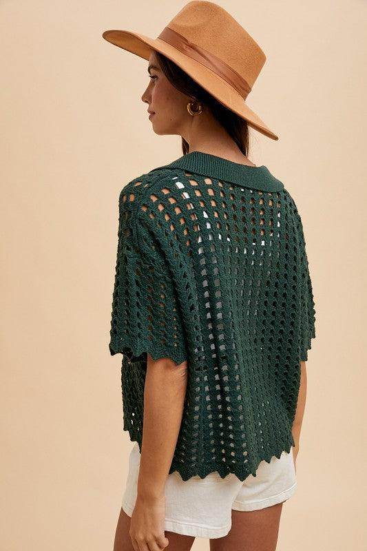 Annie Wear Openwork Johnny Collar Knit Cover Up Stylish Layering - Selvanelle