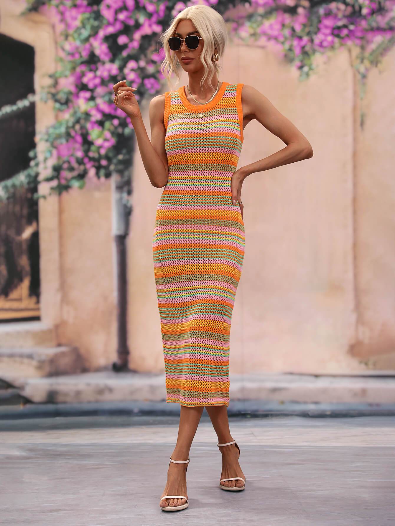 Striped Round Neck Sleeveless Midi Cover Up Dress - Selvanelle