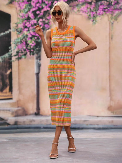 Striped Round Neck Sleeveless Midi Cover Up Dress - Selvanelle