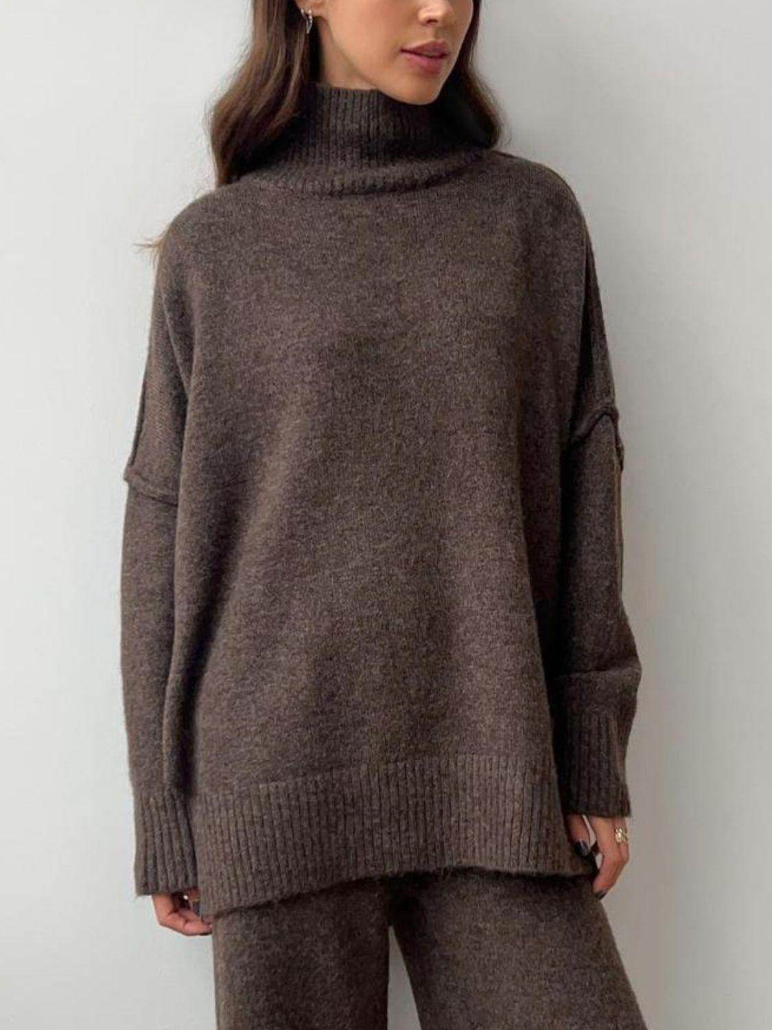 Slit Turtleneck Long Sleeve Top and Pants Sweater Set Outfit - Selvanelle