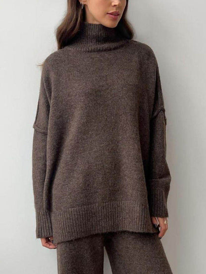 Slit Turtleneck Long Sleeve Top and Pants Sweater Set Outfit - Selvanelle