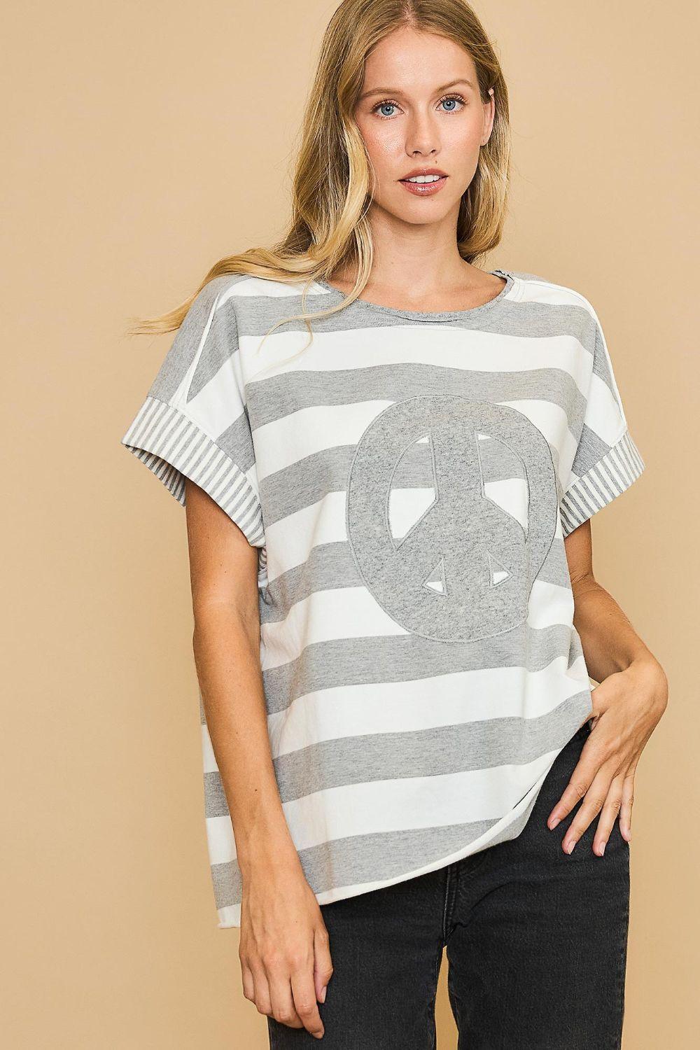 Umgee Peace Sign Patch Striped French Terry T-Shirt for Women