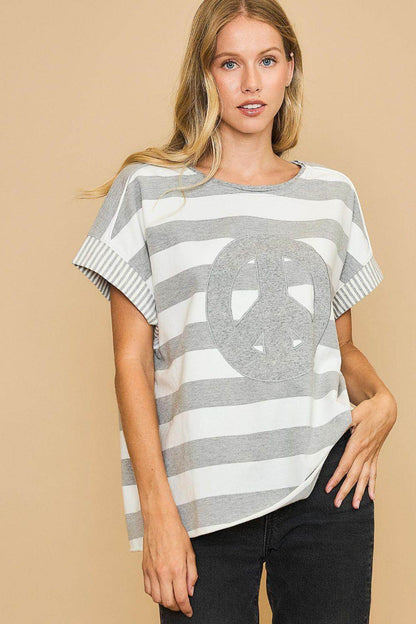 Umgee Peace Sign Patch Striped French Terry T-Shirt for Women - Selvanelle