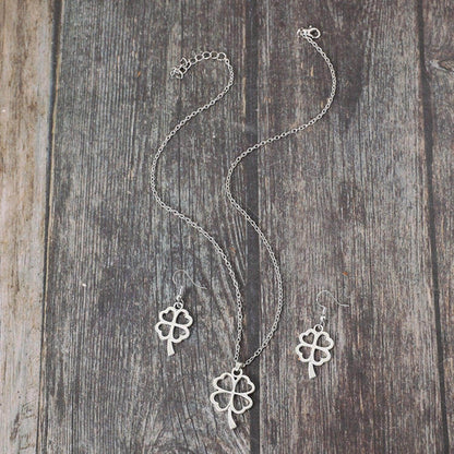 Lucky Clover Alloy Earrings and Necklace Jewelry Set Gift - Selvanelle