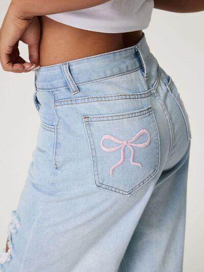 Distressed Wide Leg Jeans with Pockets for Women - Selvanelle