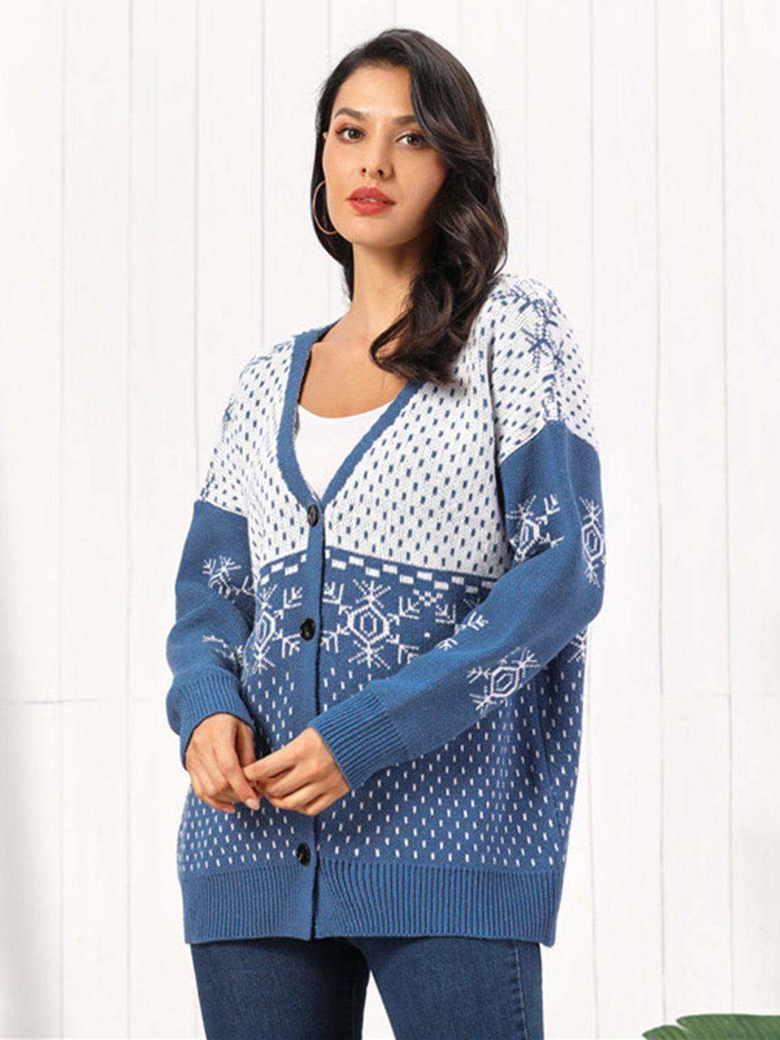 Snowflake Button Down Cardigan in Soft Stretchy Acrylic - Selvanelle