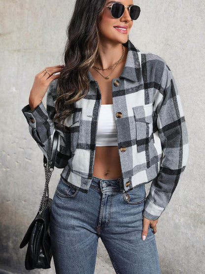 Perfee Plaid Button Up Drop Shoulder Cropped Jacket for Women - Selvanelle