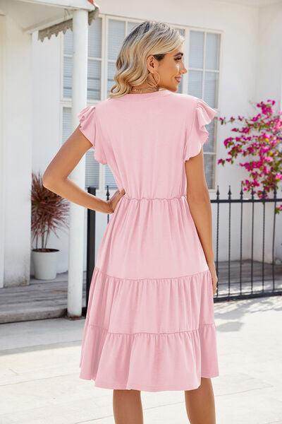 Ruched Notched Cap Sleeve Dress with Pockets and Stretch - Selvanelle