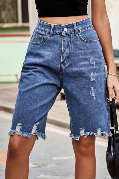 Raw Hem High Waist Denim Shorts with Pockets for Women - Selvanelle