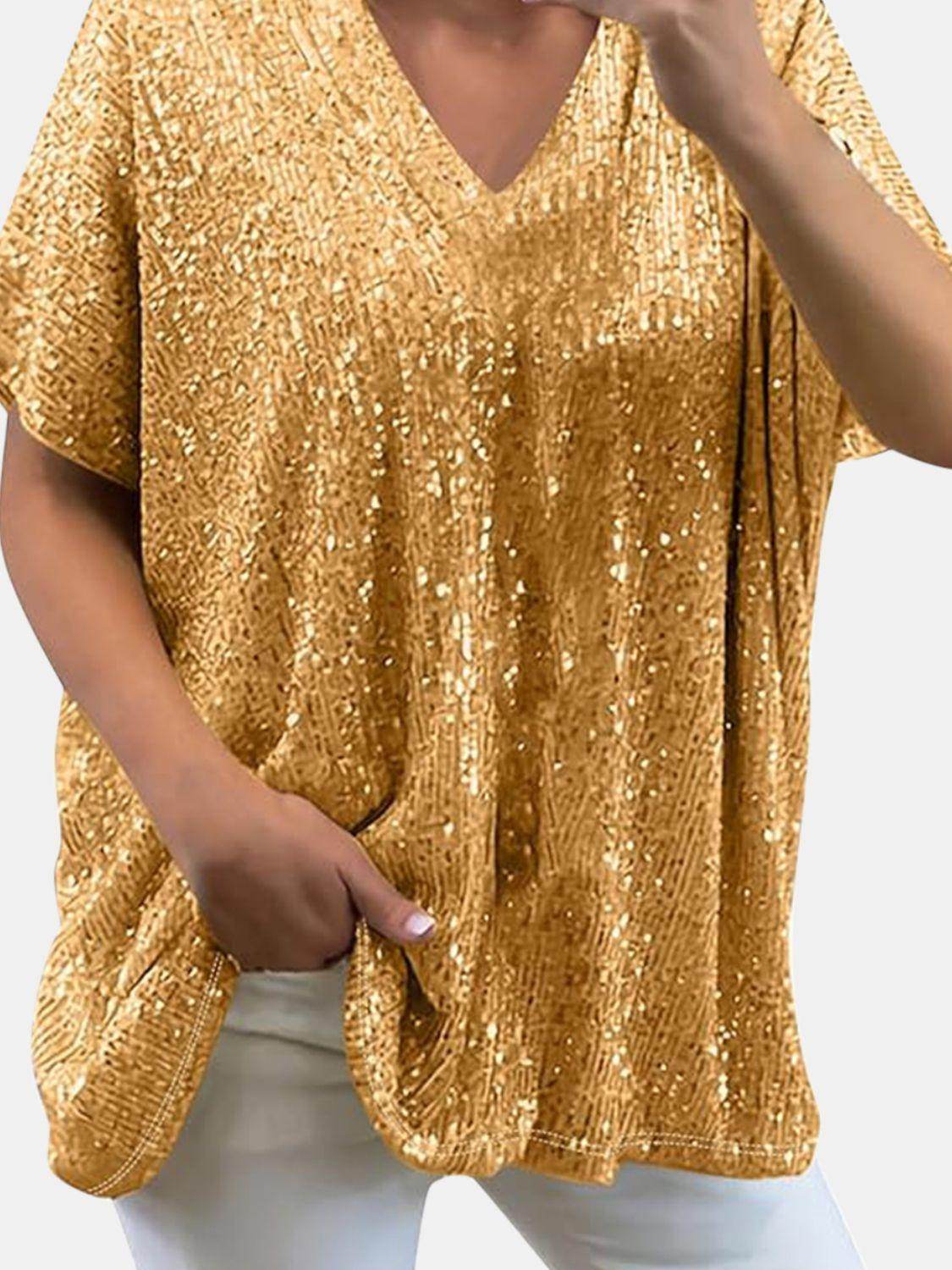 Full Size Sequin V-Neck Short Sleeve Top for Women - Selvanelle