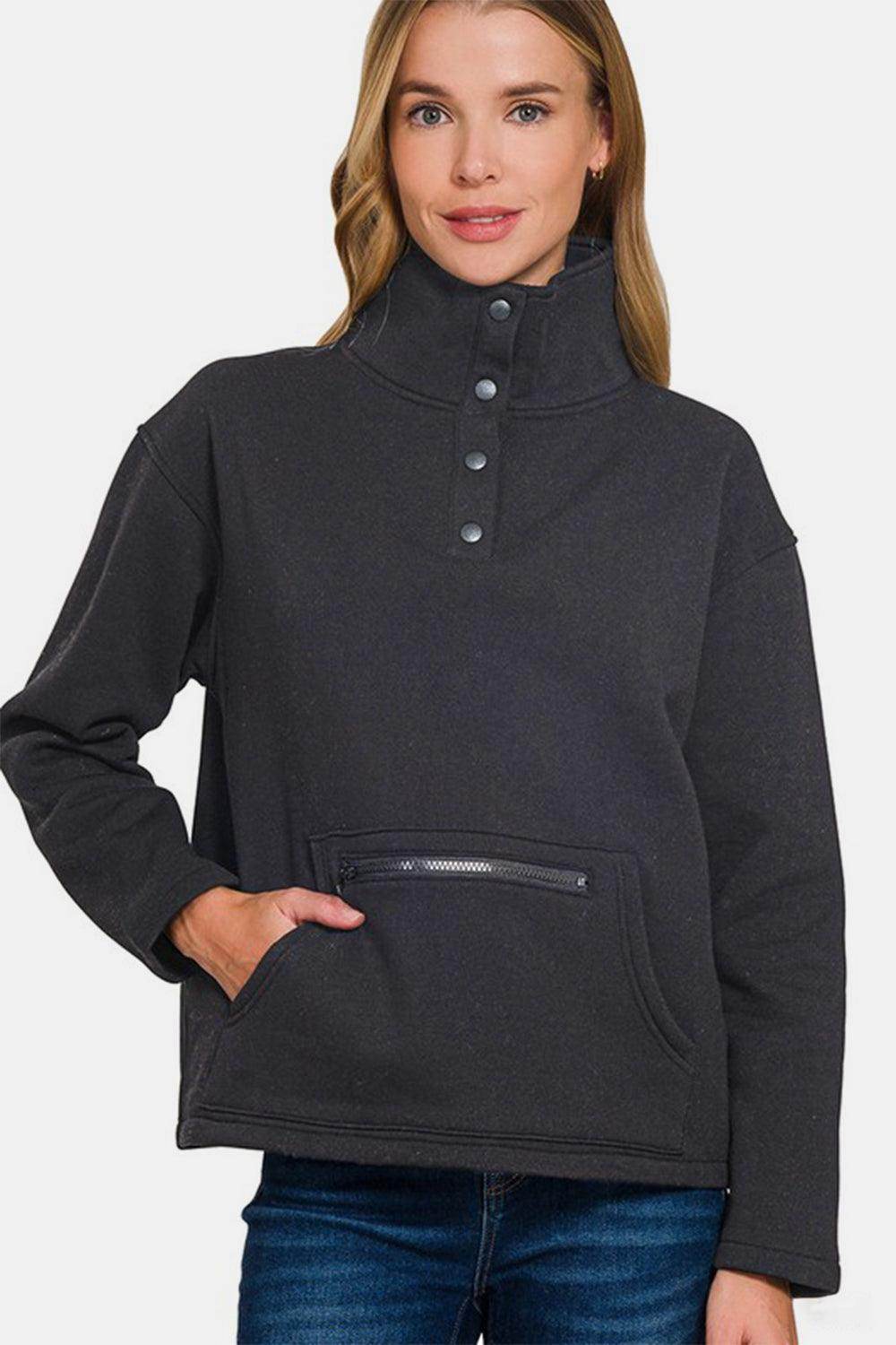 Zenana Turtleneck Half Snap Fleece Sweatshirt for Women - Selvanelle