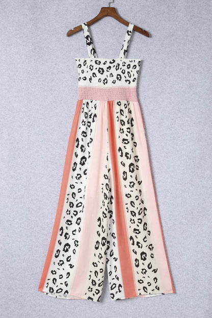 Leopard Color Block Smocked Jumpsuit - Selvanelle