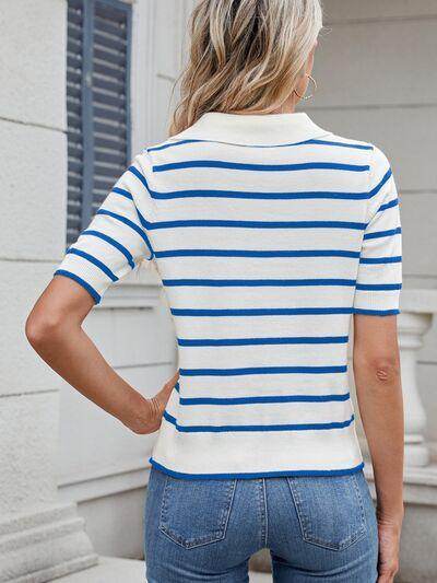 Striped Johnny Collar Short Sleeve Sweater for Women - Selvanelle