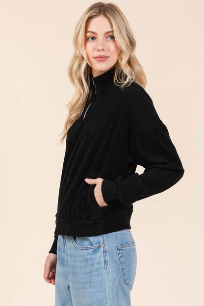 BOMBOM Quarter Zip Long Sleeve Sweatshirt with Pockets - Selvanelle