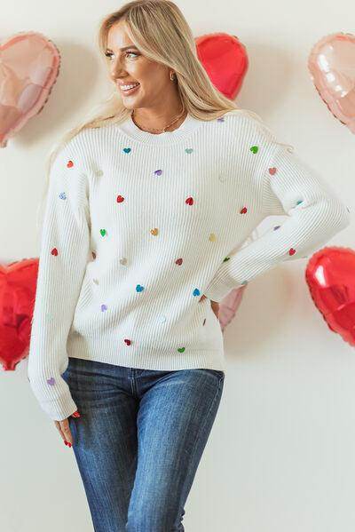 Heart Sequin Round Neck Long Sleeve Sweater for Women - Selvanelle