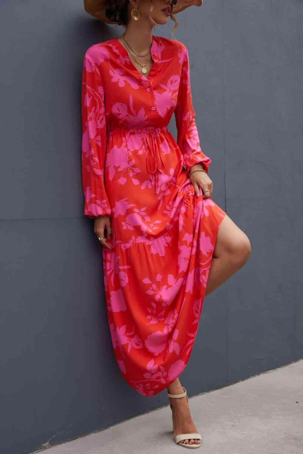 Floral Drawstring Waist Long Sleeve Dress for Women - Selvanelle