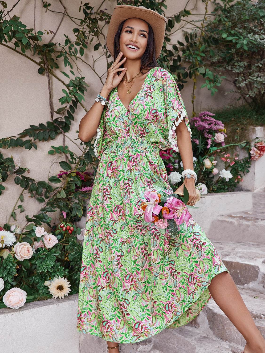 Smocked Floral V-Neck Short Sleeve Dress - Selvanelle