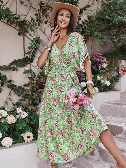 Smocked Floral V-Neck Short Sleeve Dress - Selvanelle