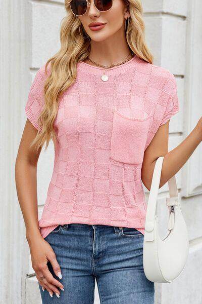 Checkered Round Neck Short Sleeve Knit Top for Women - Selvanelle