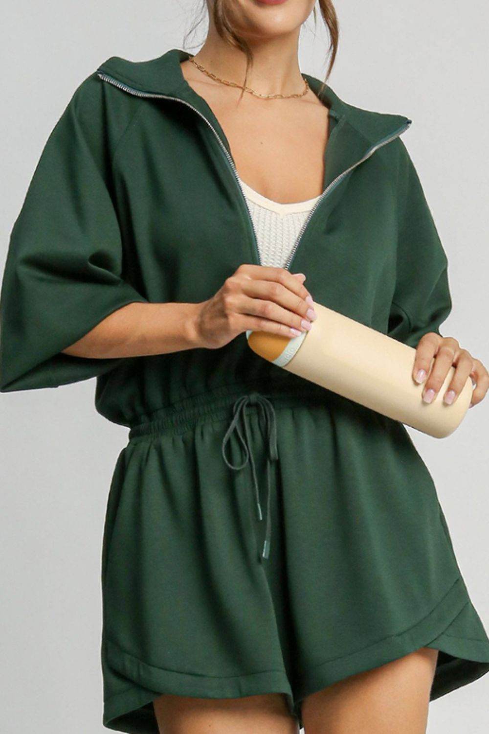 Drawstring Half Zip Long Sleeve Romper - Selvanelle