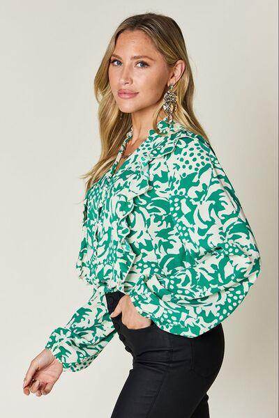 Double Take Full Size Printed Ruffle Trim Balloon Sleeve Shirt - Selvanelle