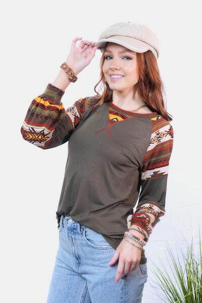 Celeste Full Size Geometric Round Neck Long Sleeve Top - Selvanelle