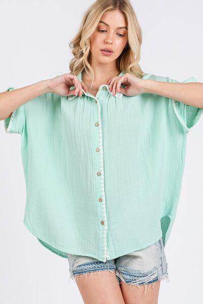 SAGE+FIG Boho Contrast Zigzag Trim Button-Up Shirt - Selvanelle