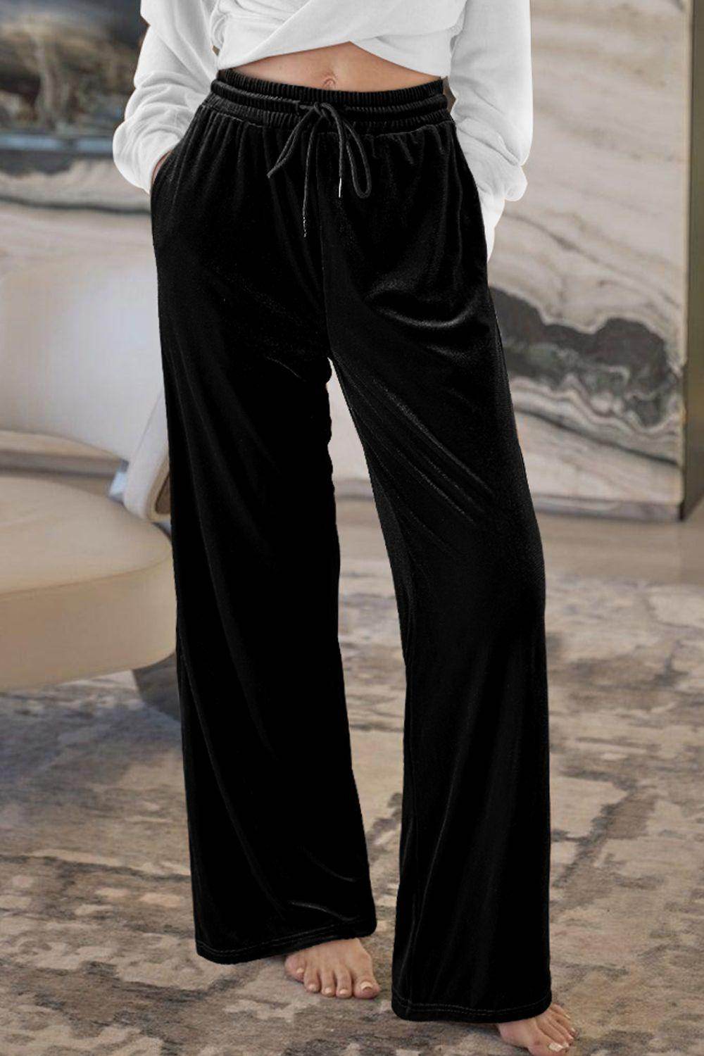 Drawstring Waist Wide Leg Active Pants for Women Comfort - Selvanelle