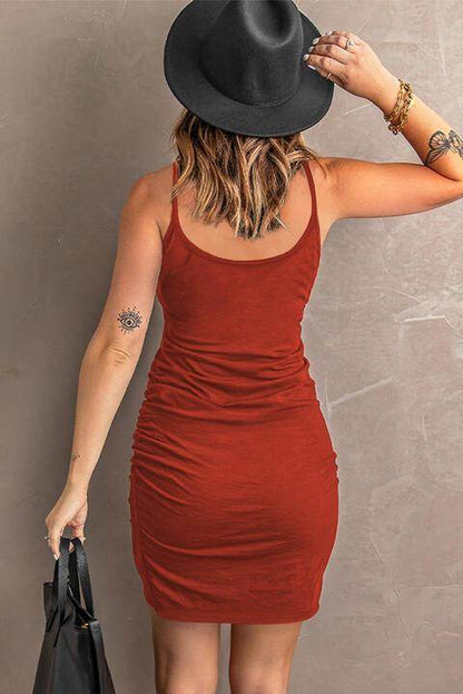 Spaghetti Strap Ruched Mini Dress in Opaque Fabric - Selvanelle