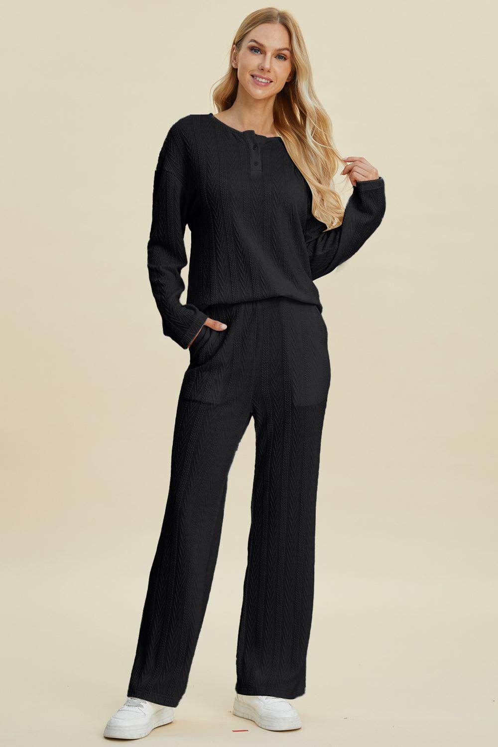Double Take Full Size Cable-Knit Long Sleeve Top Pants Set - Selvanelle