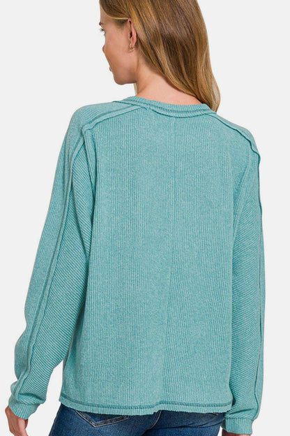 Zenana Full Size Contrast Stitching Brushed Ribbed Hacci Knit Top Plus Size - Selvanelle