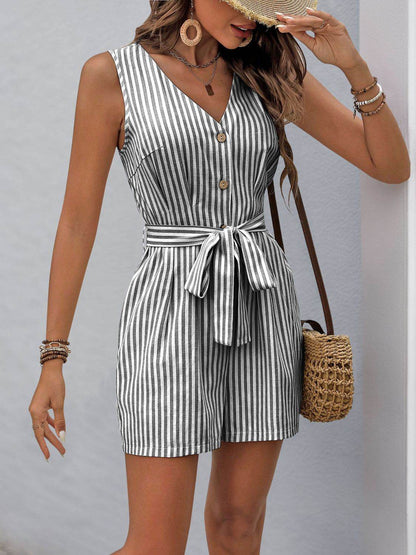Perfee Striped V-Neck Tie Waist Romper - Selvanelle