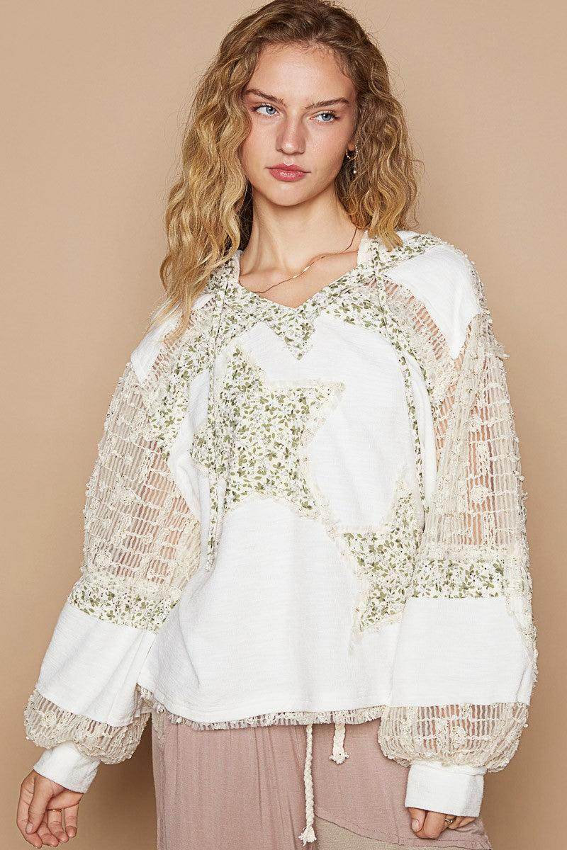 POL Star Patch Lace Contrast Long Sleeve Hooded Top Style - Selvanelle