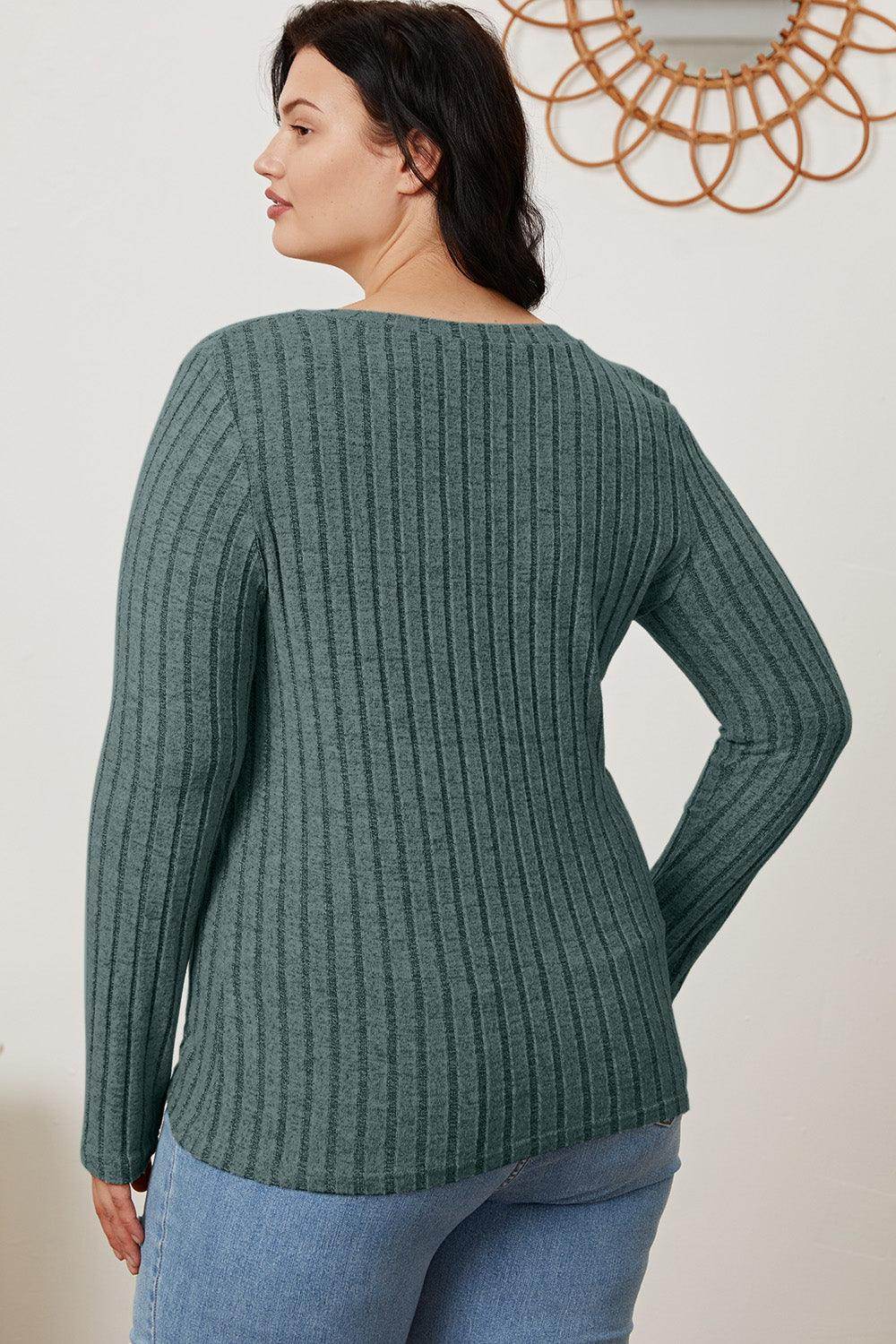 Basic Bae Full Size Ribbed V-Neck Long Sleeve T-Shirt - Selvanelle