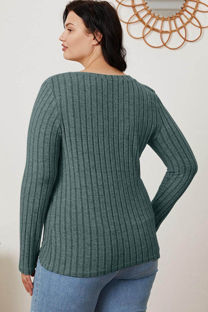 Basic Bae Full Size Ribbed V-Neck Long Sleeve T-Shirt - Selvanelle