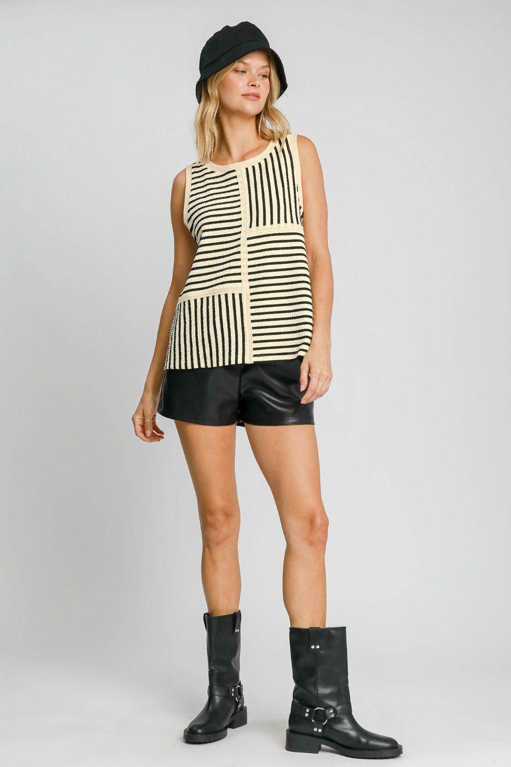 Umgee Round Neck Texture Striped Tank for Casual Style - Selvanelle